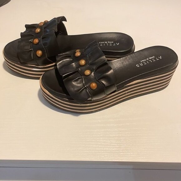 ateliers platform striped ruffle studded leather sandal made in Italy sz 39 - Picture 2 of 14